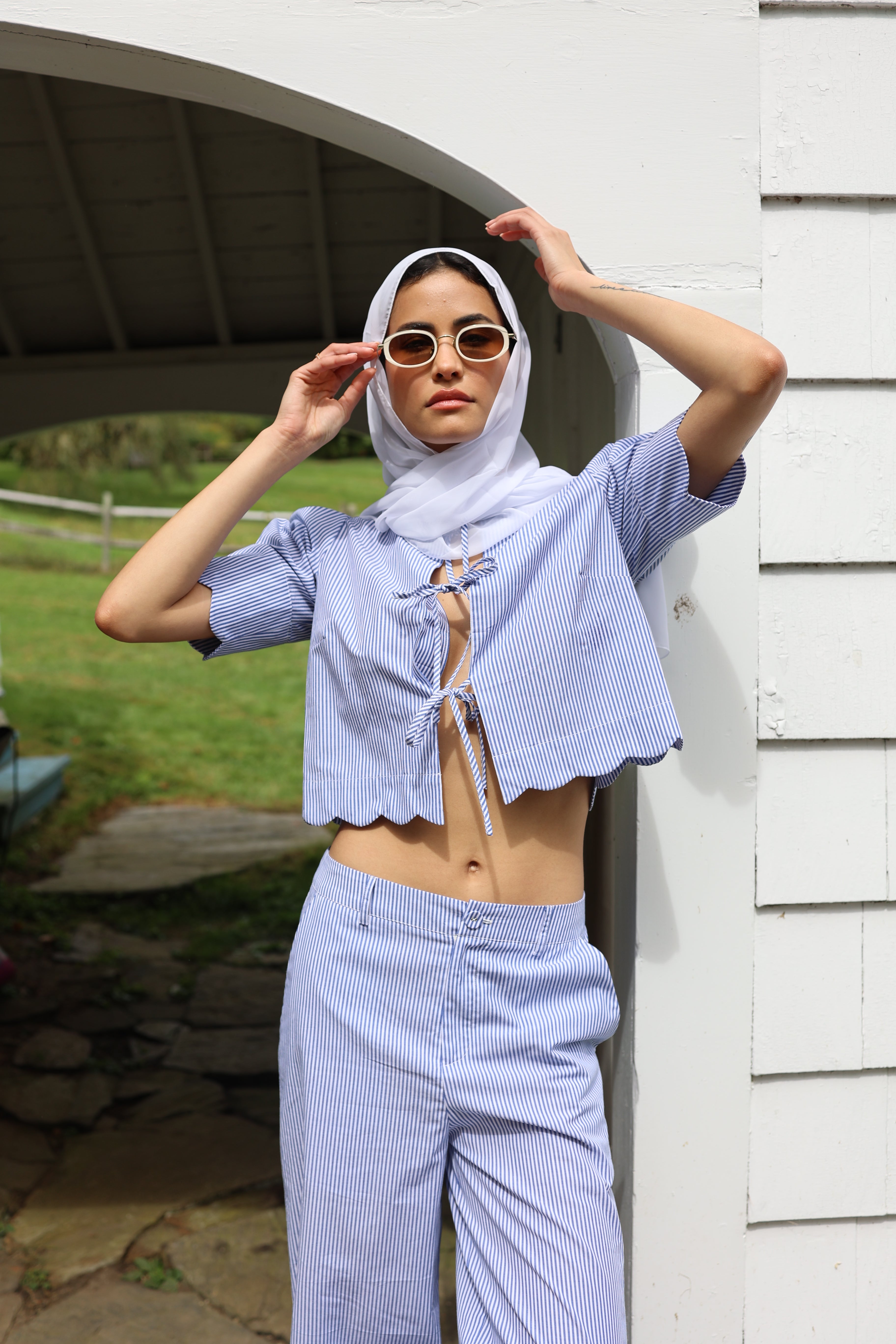 Scalloped Top in Blue Stripe