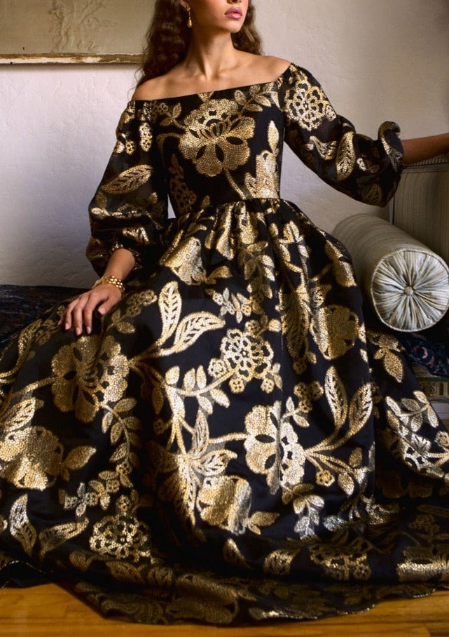 Off The Shoulder Gown in French Black & Gold Silk Organza Brocade