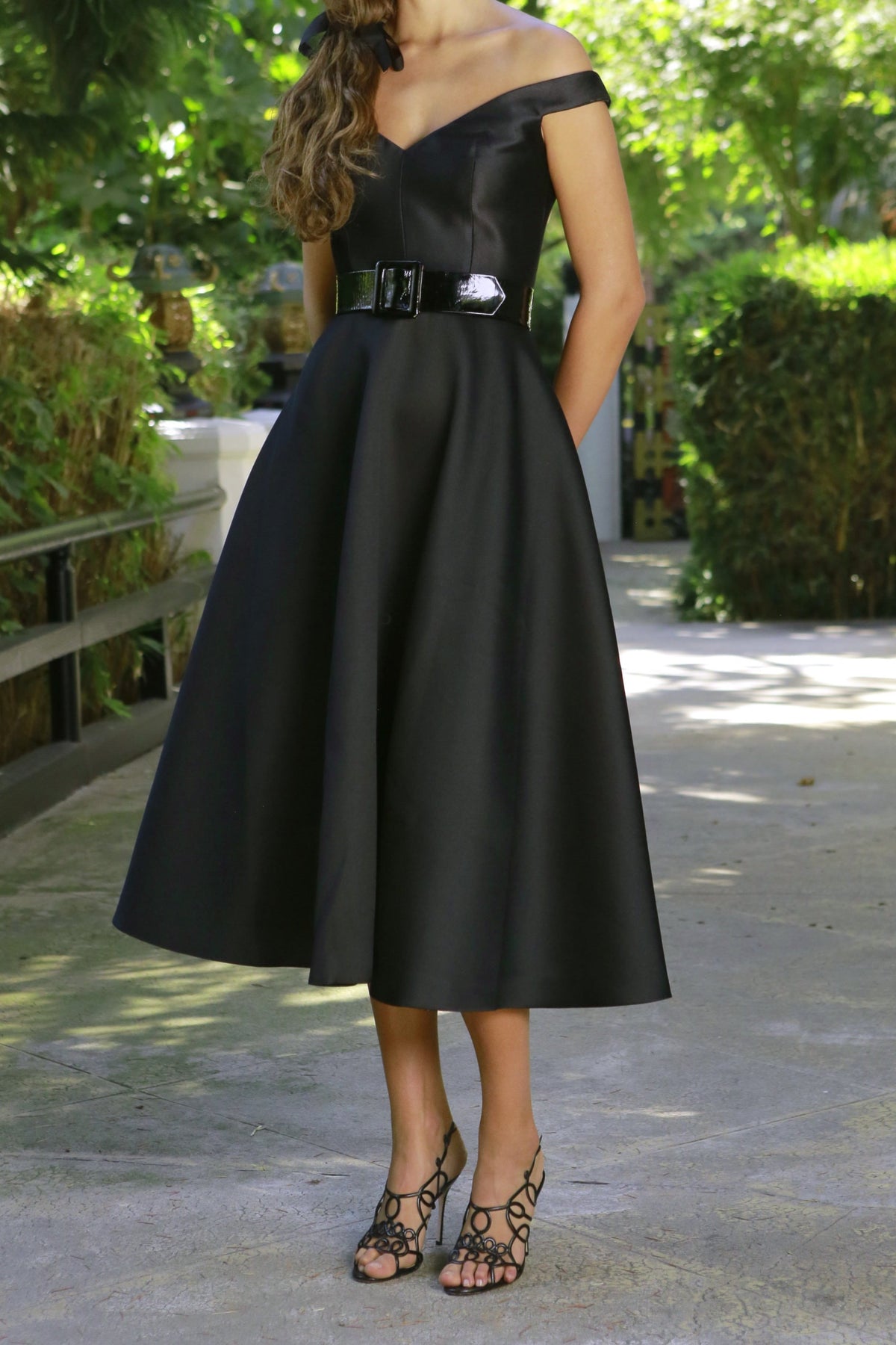 Off-The-Shoulder Circle Skirt Dress in Black with Matching Cord Belt