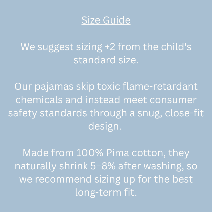 Size guide infographic explaining to size up two sizes, snug fit, and 100% Pima cotton shrinkage