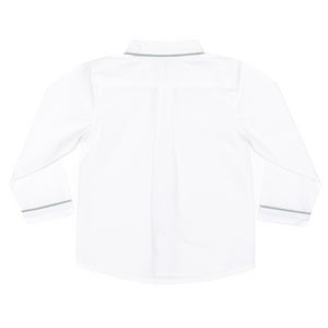 Henry Duvall Sullivan Shorts Set for toddler boys in sage herringbone, heirloom outfit with rounded collar shirt, classic English-inspired boys clothing