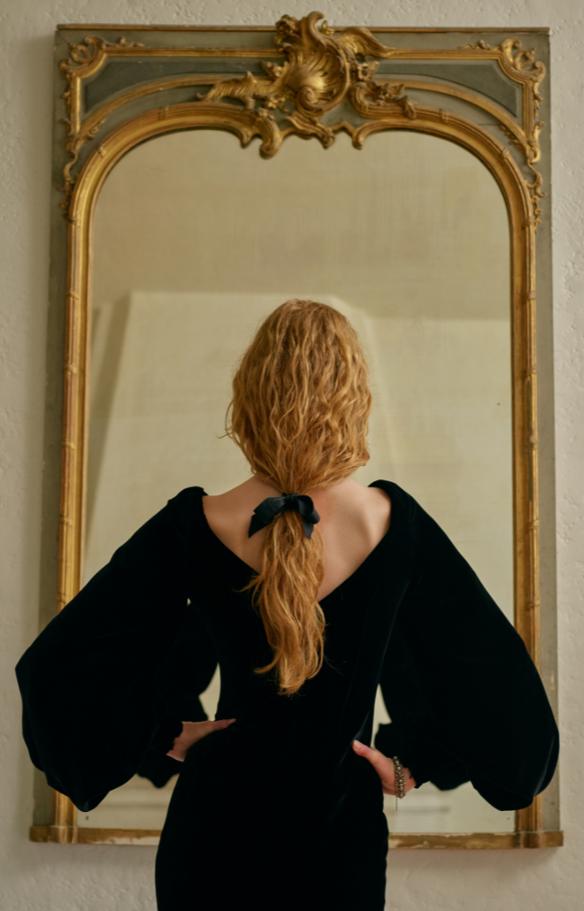 Black Silk Velvet Full Sleeve Gown with Low V Back