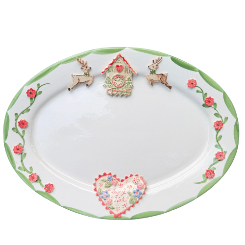 Top view of Personalized Christmas Platter in Swiss Clock with florals, deer and Joyeux Noël heart