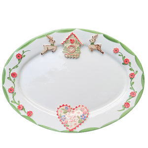 Top view of Personalized Christmas Platter in Swiss Clock with florals, deer and Joyeux Noël heart