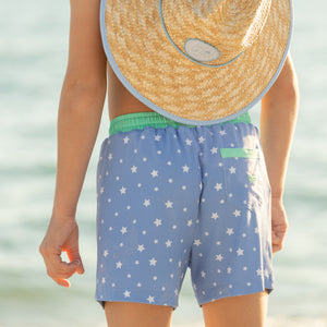 Classic boys’ swim trunks by Henry Duvall in a tailored above-the-knee fit with UPF 50+ protection, featuring an elastic waistband and drawstring for a comfortable summer look.