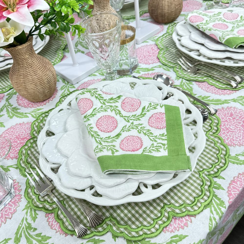 Green gingham placemat with green embroidery, block print napkin , embroidered placemat, pink and green tablescape