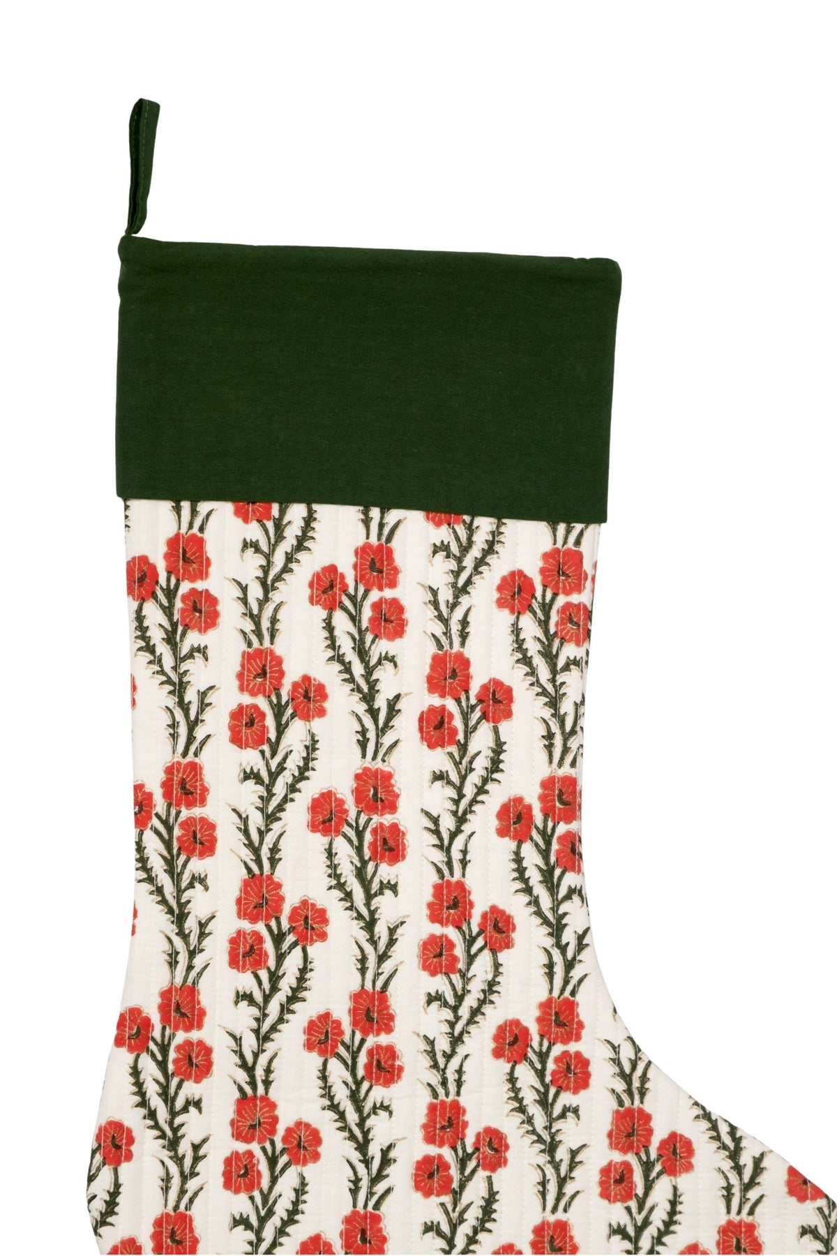 Inner Child Holiday Forget-Me-Not blockprint stocking with cheerful red flower patterns