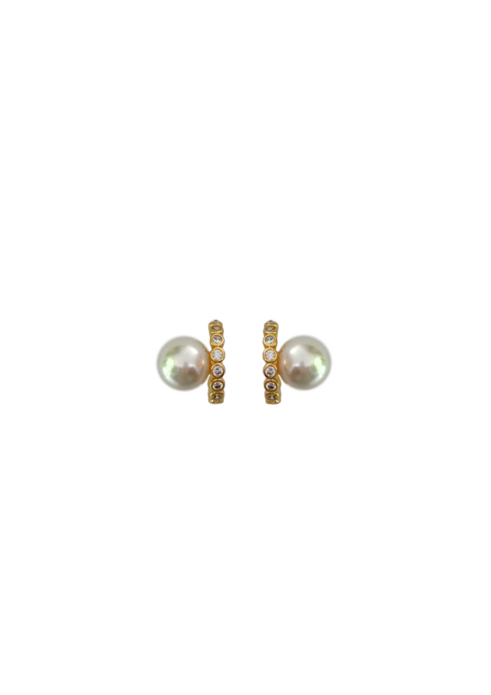 Front view of The James earrings showcasing gold-plated bars with rhinestones and faux pearl studs on a white background