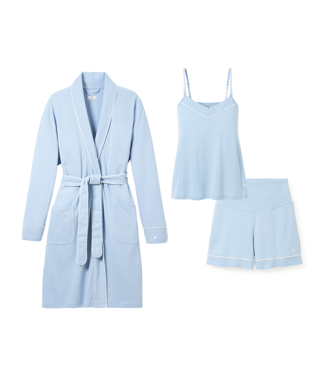 The Must Have maternity set in periwinkle: robe with tie belt and piping, cami with straps, and shorts on white background
