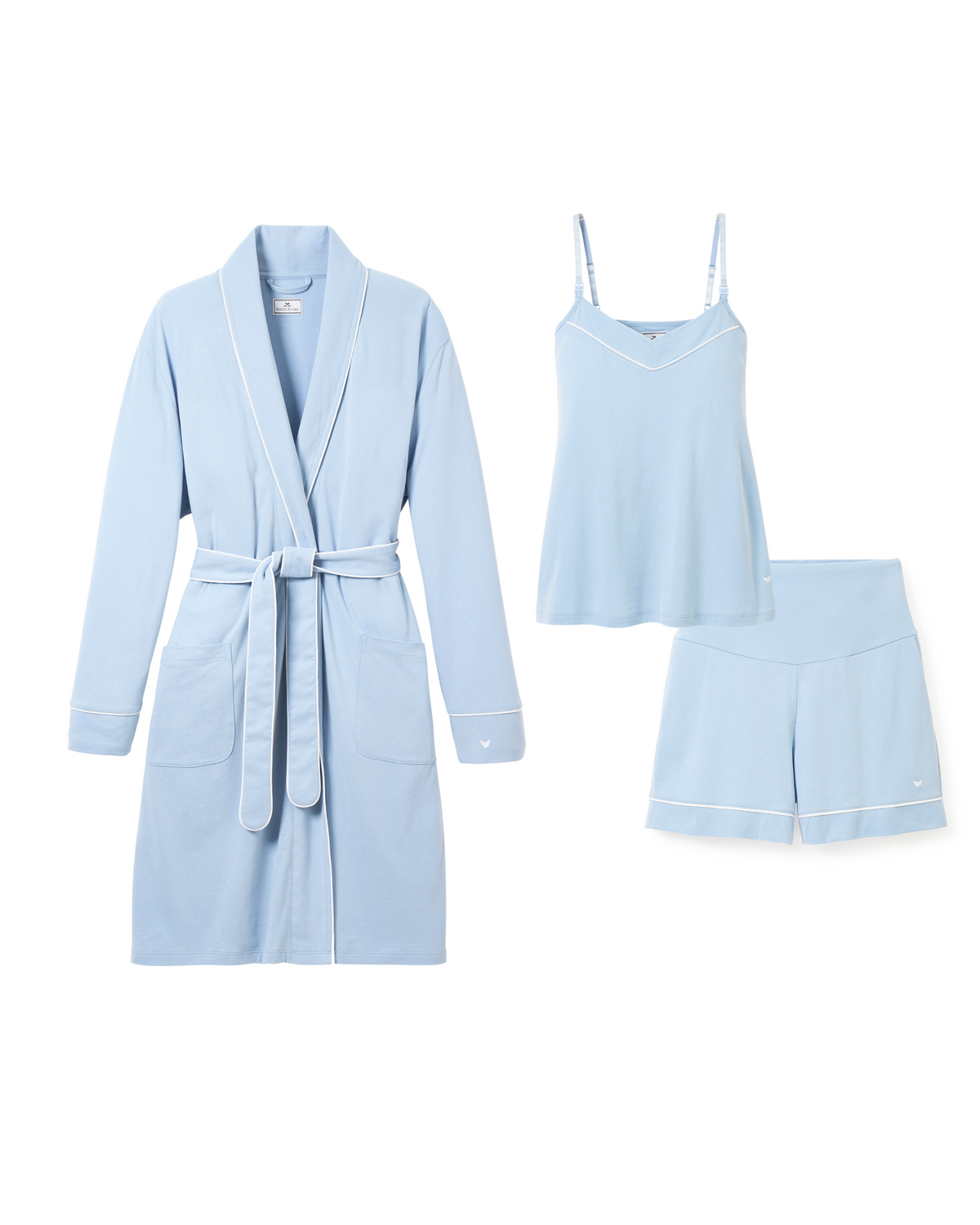 The Must Have maternity set in periwinkle: robe with tie belt and piping, cami with straps, and shorts on white background