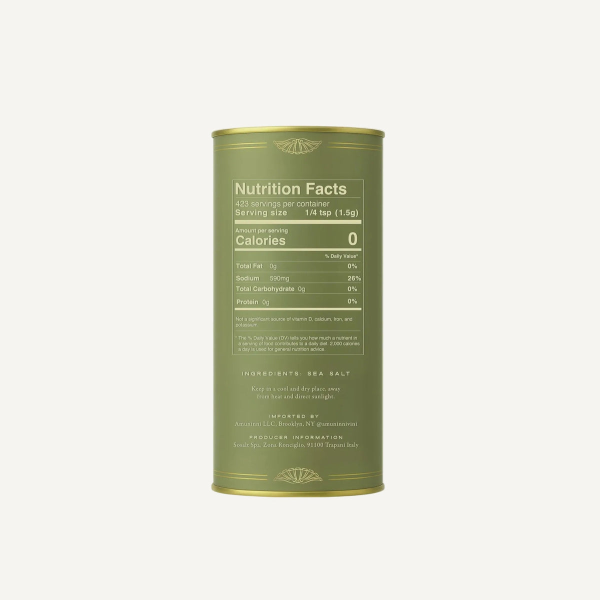 Green SEA SALT canister with nutrition facts label on a white background