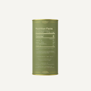 Green SEA SALT canister with nutrition facts label on a white background