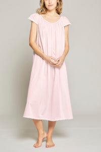 Long Cotton Nightgown with Flower Trim in Pink