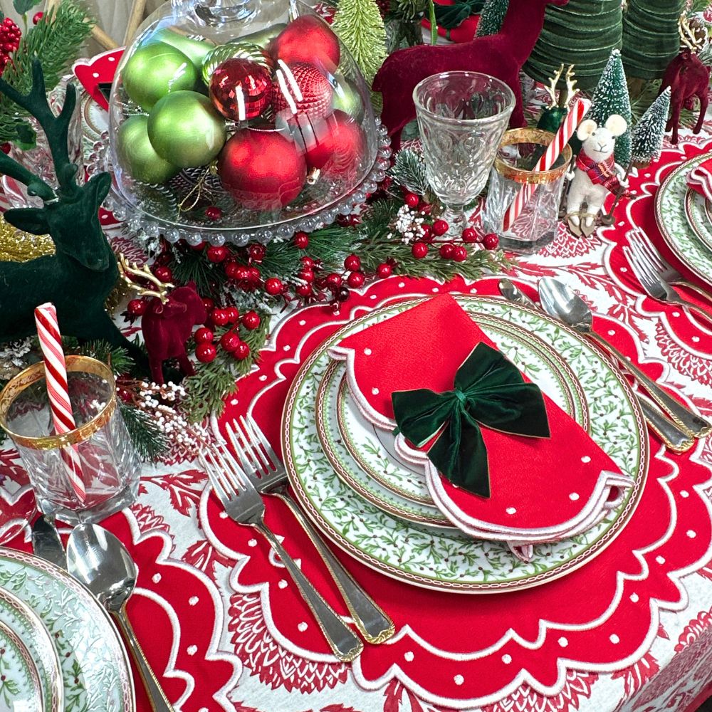 Green flower and vine tablecloth and red ava luxury placemats green velvet bows