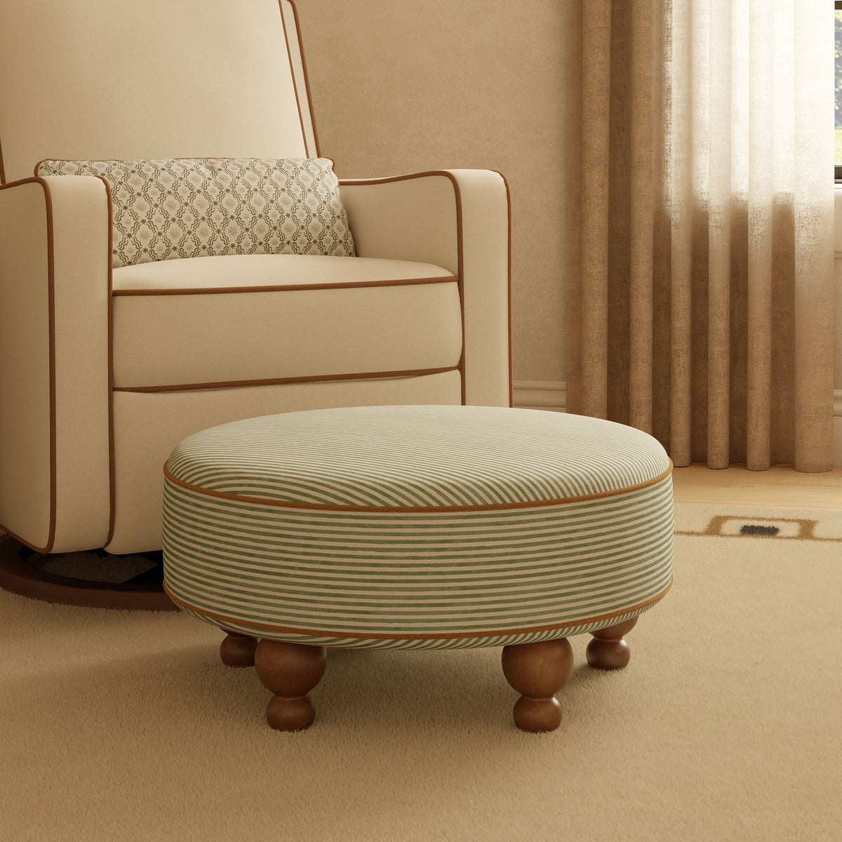 Astre Ottoman by Nate Berkus in Performance Olive Stripe Eco-Crossweave with Toffee Feet