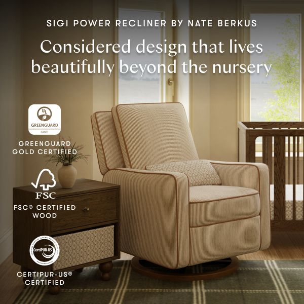 Sigi recliner and glider by Nate Berkus in nursery with text Considered design that lives beautifully beyond the nursery