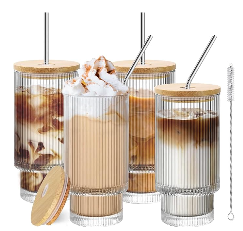 16oz Glass Cups with Lids and Straws - 4 Pack Iced Coffee Cups, Clear Tumbler with Bamboo Lid & Straw, Reusable Ribbed Glassware for Matcha, Smoothie, Cocktail,Juice