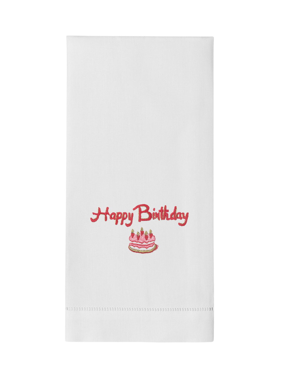 Front view of white cotton hand towel showcasing red embroidered Happy Birthday lettering and small pink birthday cake motif on white background