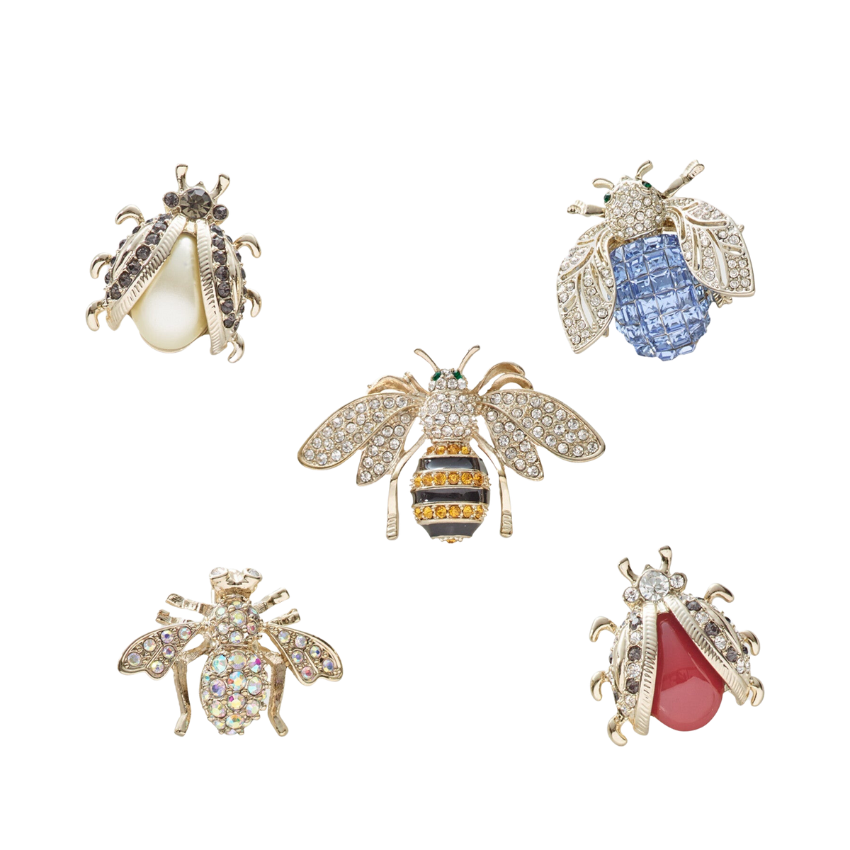 Front view of Mini Bug Clip Set showcasing jeweled insect designs on a black background