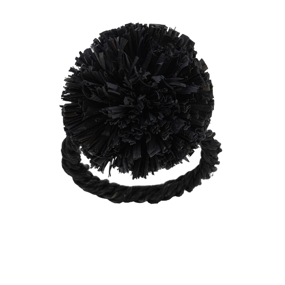 Straw Pompom Napkin Rings in Black, Set of Four