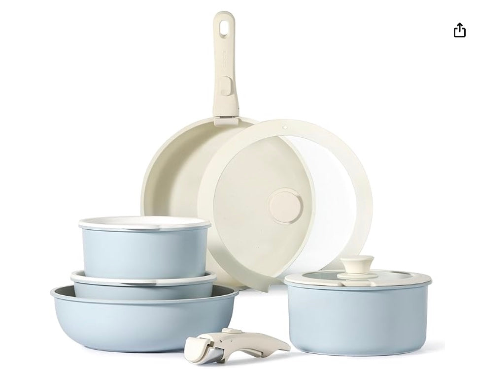 CAROTE 11pcs Pots and Pans Set, Nonstick Cookware Set Detachable Handle, Induction Kitchen Cookware Sets Non Stick with Removable Handle, RV Cookware Set, Oven Safe, Blue