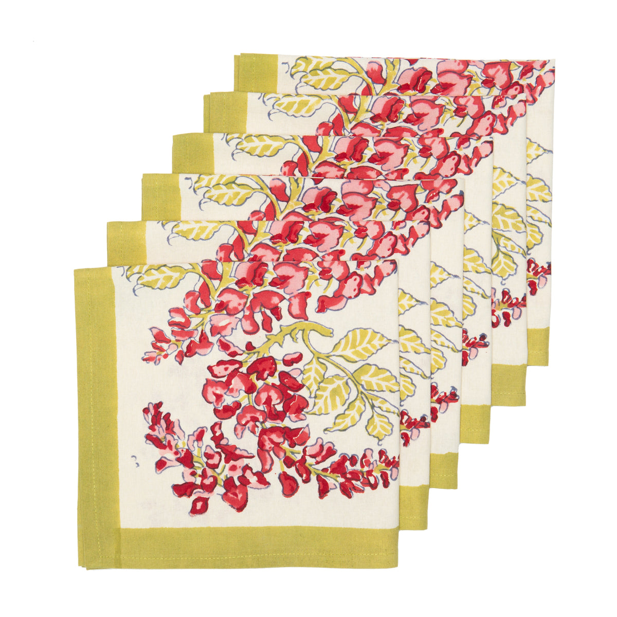 Front view of Wisteria Green and Pink Napkins, Set of 6 showcasing olive green borders, vines, and red and pink flowers on an ivory background