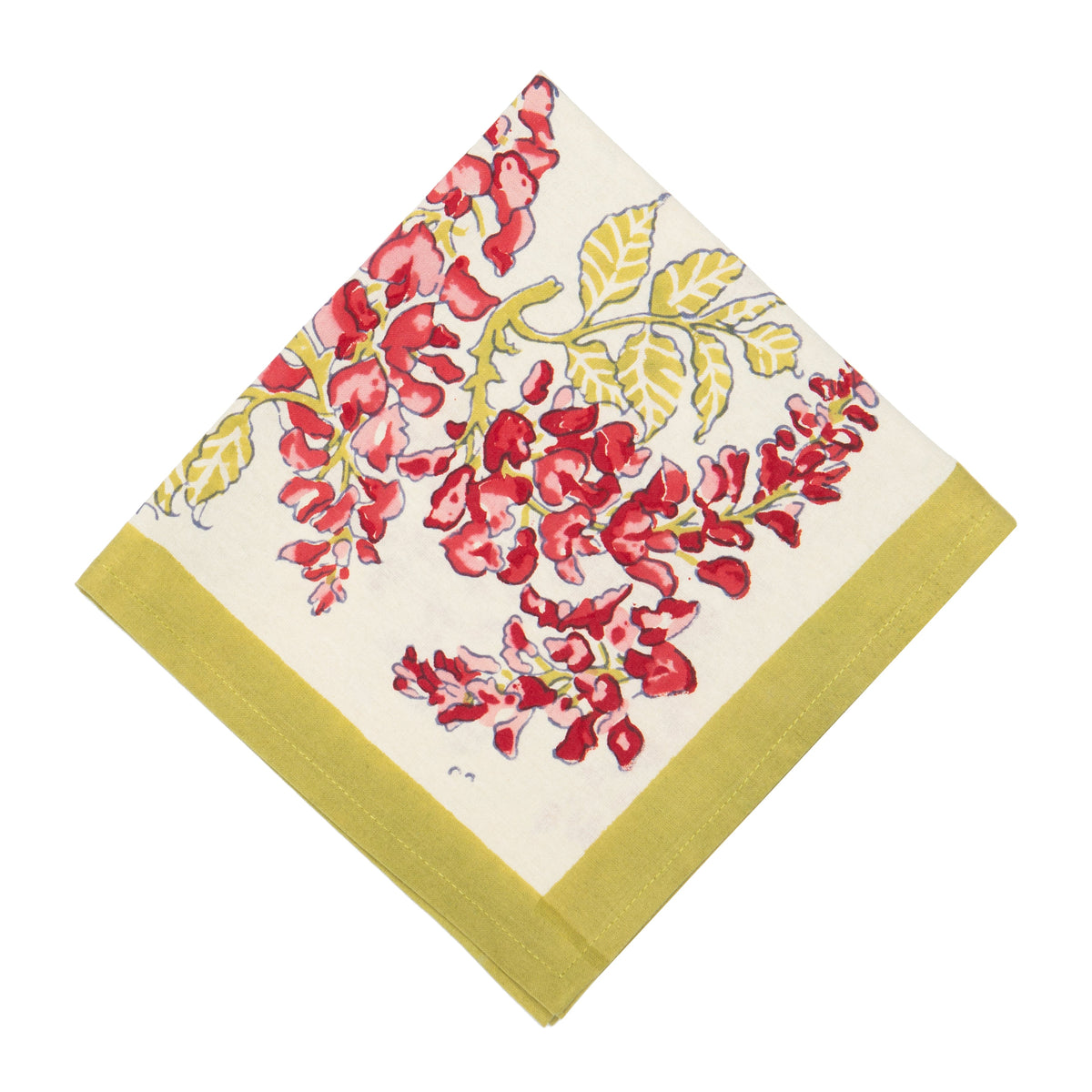 Close-up of Wisteria Green and Pink Napkins, Set of 6 showcasing red and pink flowers with an olive green border