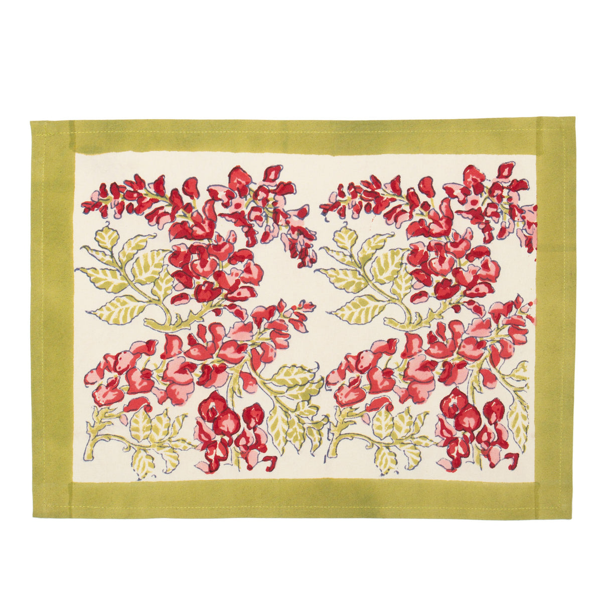 Front view of Wisteria mat, set of 6, showcasing red and pink flowers, olive green vines, and an ivory background