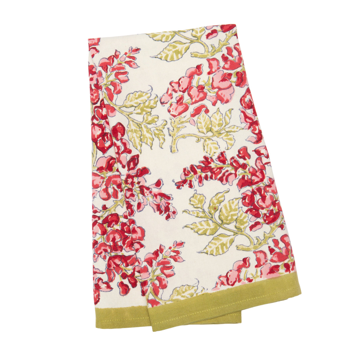 Close up of Wisteria Green and Pink Tea Towels, set of 3, showcasing red and pink flowers, olive green vines, and ivory background