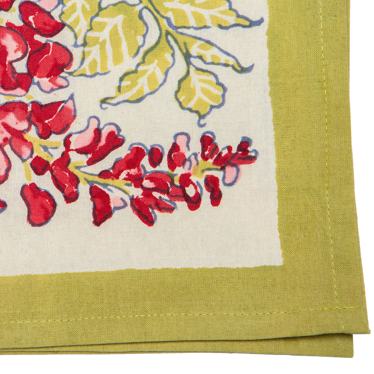 Close-up of Wisteria Green and Pink tea towel showcasing red wisteria floral print on ivory with olive green border