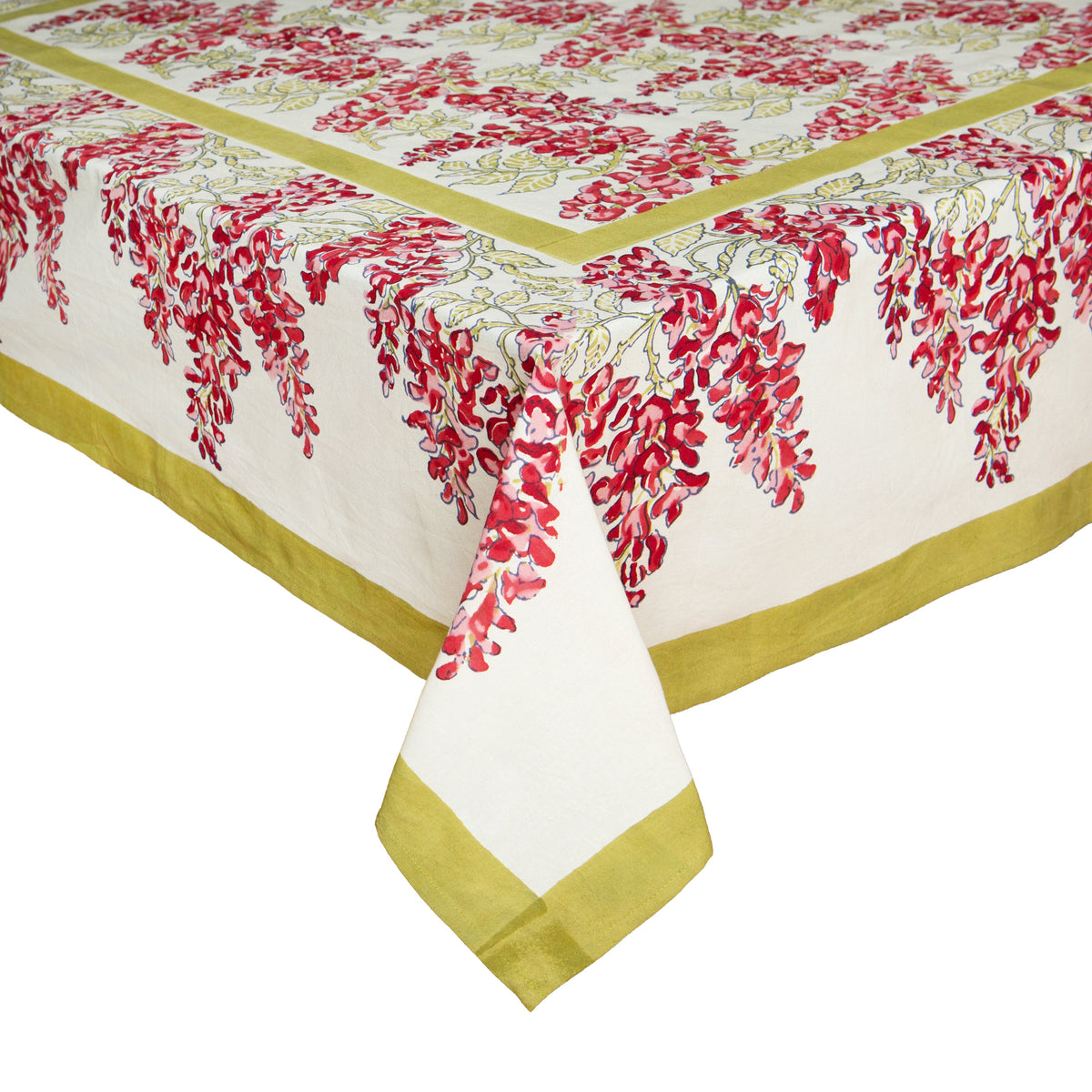 Close-up of French Tablecloth Wisteria Green and Pink showcasing red and pink flowers with an olive green border