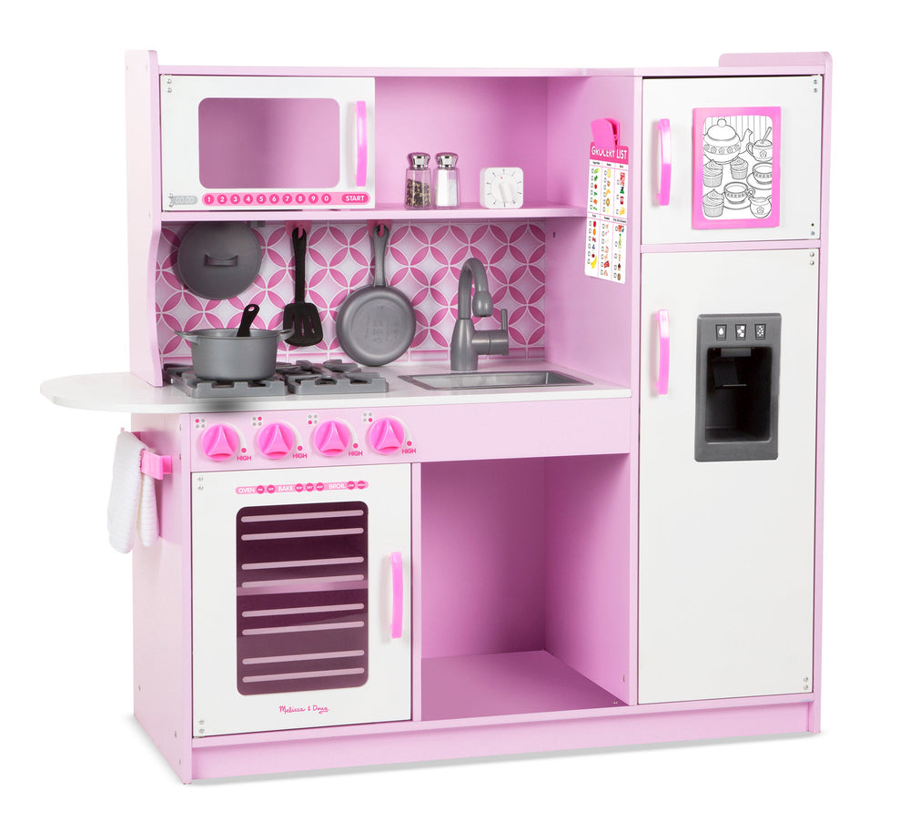 Front view of Chef’s Kitchen in Cupcake play kitchen, pink-and-white set with stove, oven, sink, fridge dispenser and pots