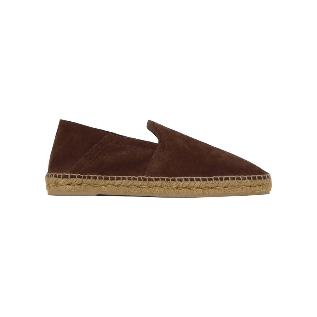 Side view of Parker brown slipper-style espadrille showcasing suede upper, collapsible heel, and taupe jute sole