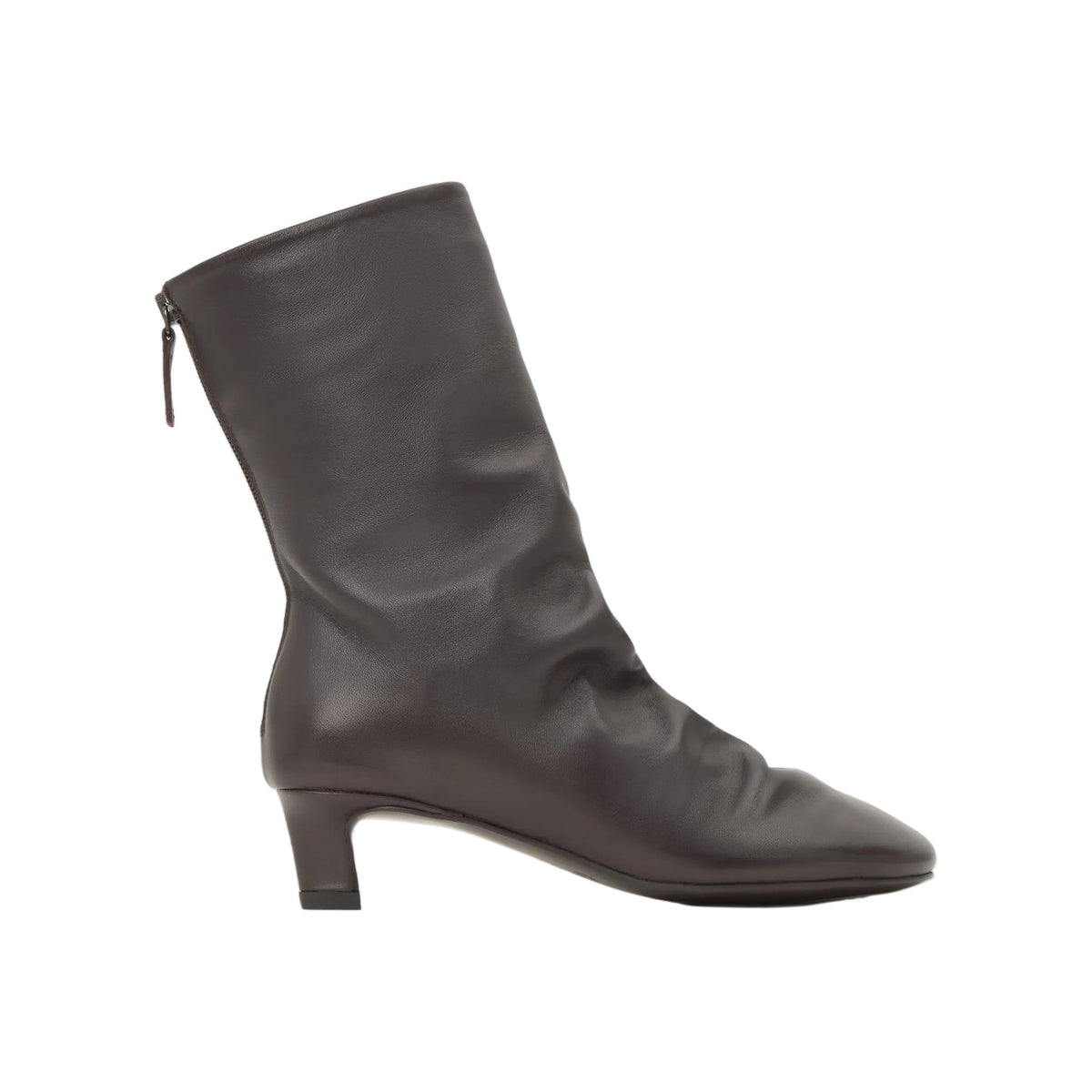 Side view of the Ariel brown nappa leather ankle boot showcasing its kitten heel and rear zip closure on a white background