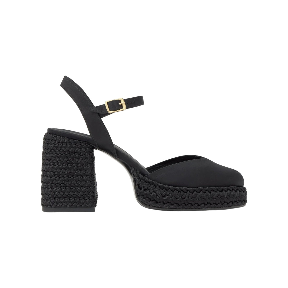 Side view of the black Vilnia satin heel showcasing its ankle strap and 3.94 inch braided platform heel with a white background