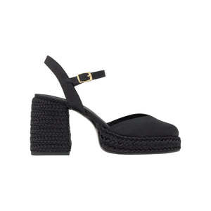 Side view of the black Vilnia satin heel showcasing its ankle strap and 3.94 inch braided platform heel with a white background