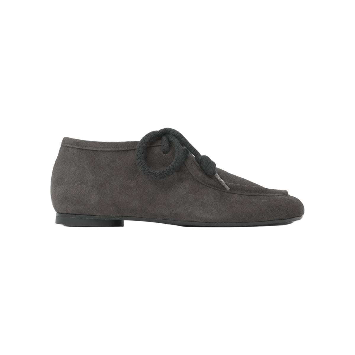 Side view of Mery in Grey blucher flat showcasing suede and wool laces on a white background