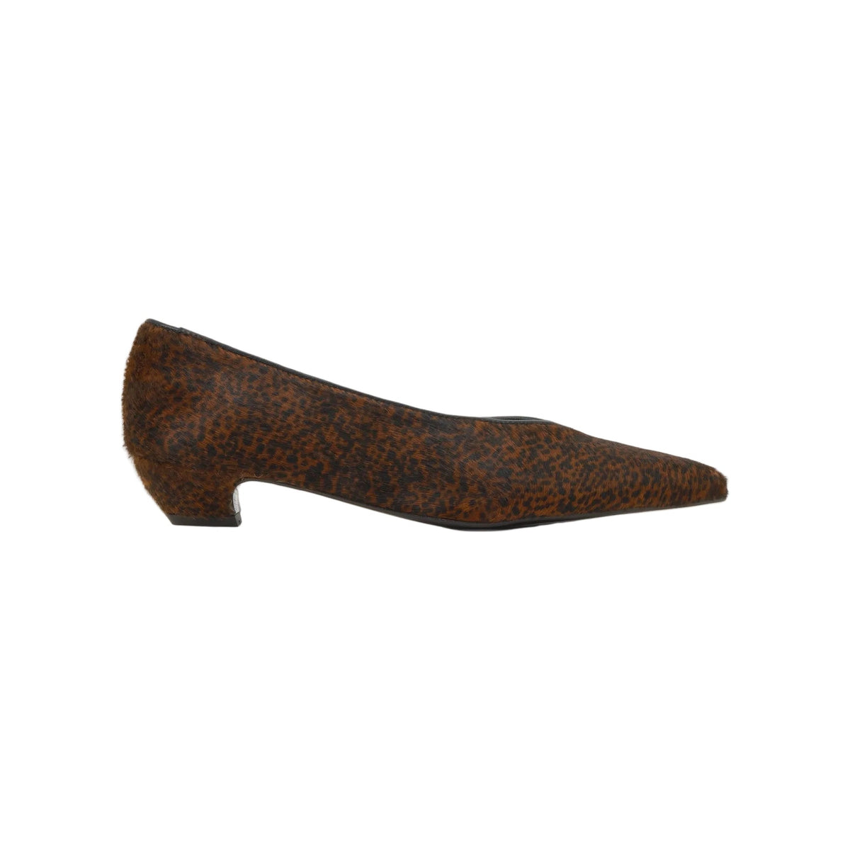 Side view of Troya kitten heel ballerina showcasing animal-print cowhide, pointed toe, and 1.57-inch heel on white background