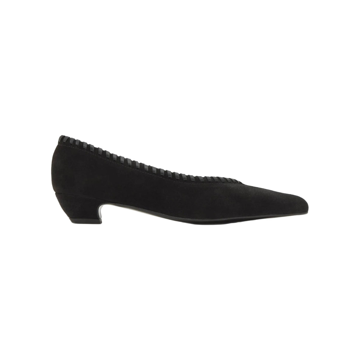 Side view of the Thais in Black suede kitten heel ballerina showcasing its pointed toe and low heel against a white background