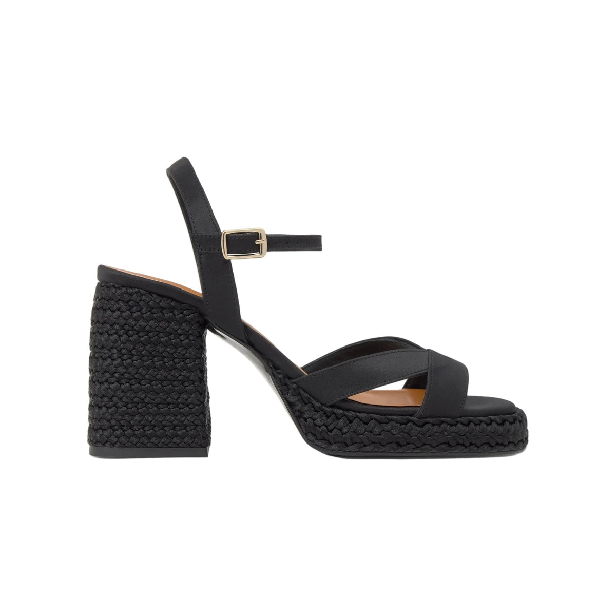 Side view of black Viena satin heeled sandal showcasing braided heel and ankle buckle on white background