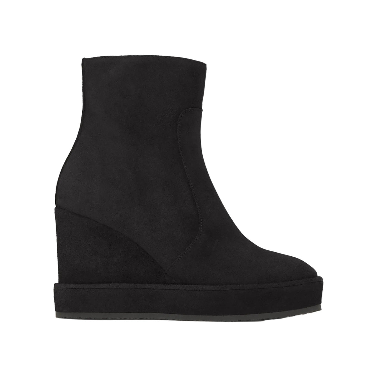 Side view of the Brisbane black suede wedge ankle boot showcasing its side zip closure and suede-wrapped wedge on a white background