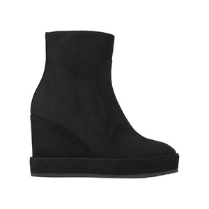 Side view of the Brisbane black suede wedge ankle boot showcasing its side zip closure and suede-wrapped wedge on a white background