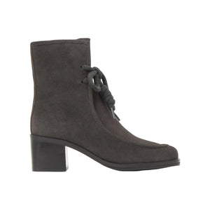 Side view of Narnia suede ankle boot in grey showcasing wool laces and block heel on white background