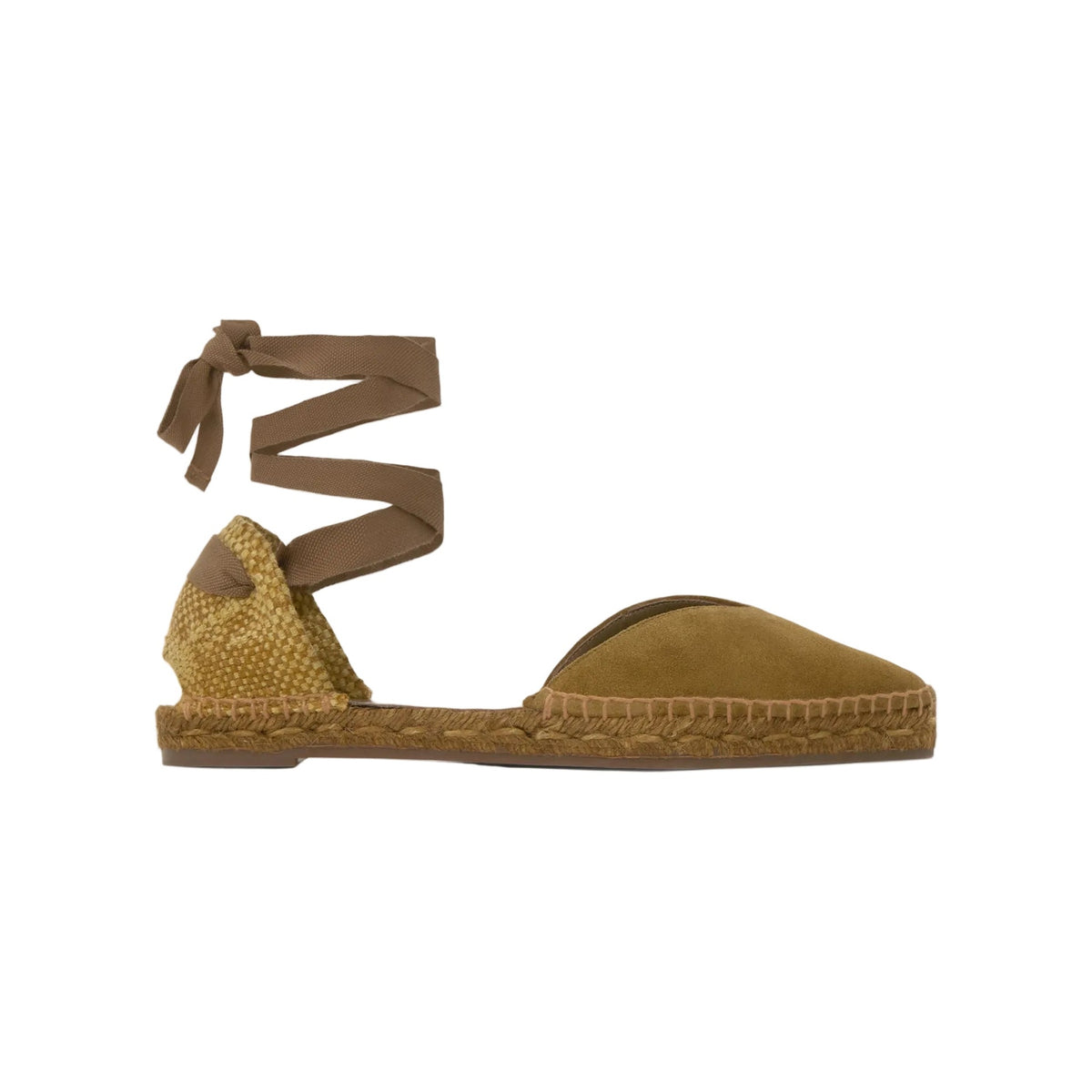 Side view of Brava flat suede espadrille showcasing V-cut vamp, bow closure, and hand-stitched jute sole with white background