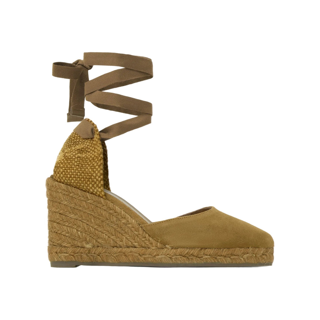 Side view of the Joyce 8 in Green suede espadrille with pointed toe, ribbon ties, and tinted jute wedge on white background