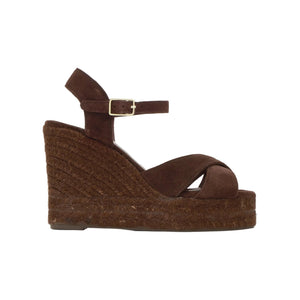 Side view of Blaudell 8ED in Brown sandal showcasing suede, ankle strap, and double jute wedge platform on white background