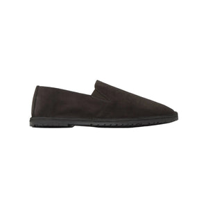 Side view of the Luke brown suede slipper showcasing its side elastic closure and TPU sole on a white background