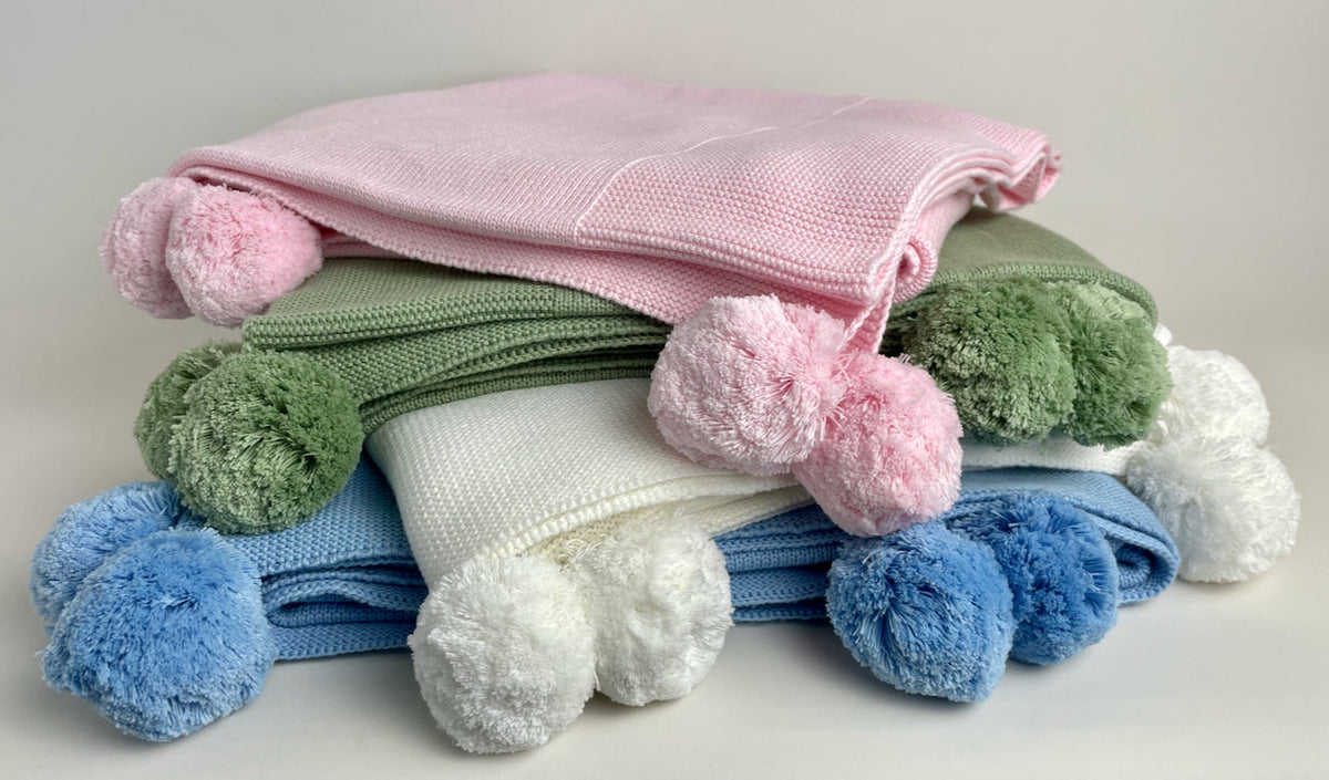 Knit Baby Blanket with PomPoms