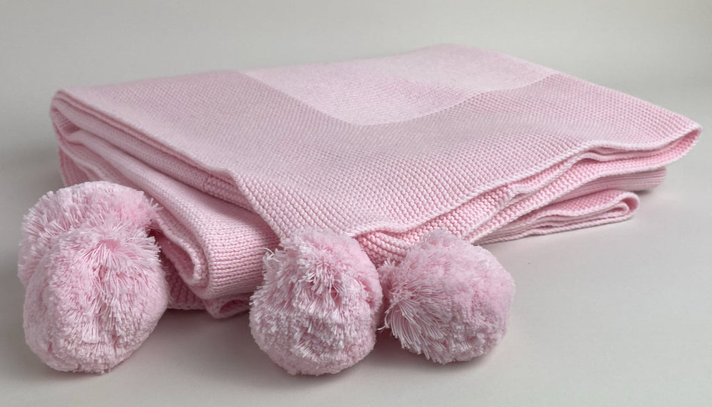 Knit Baby Blanket with PomPoms