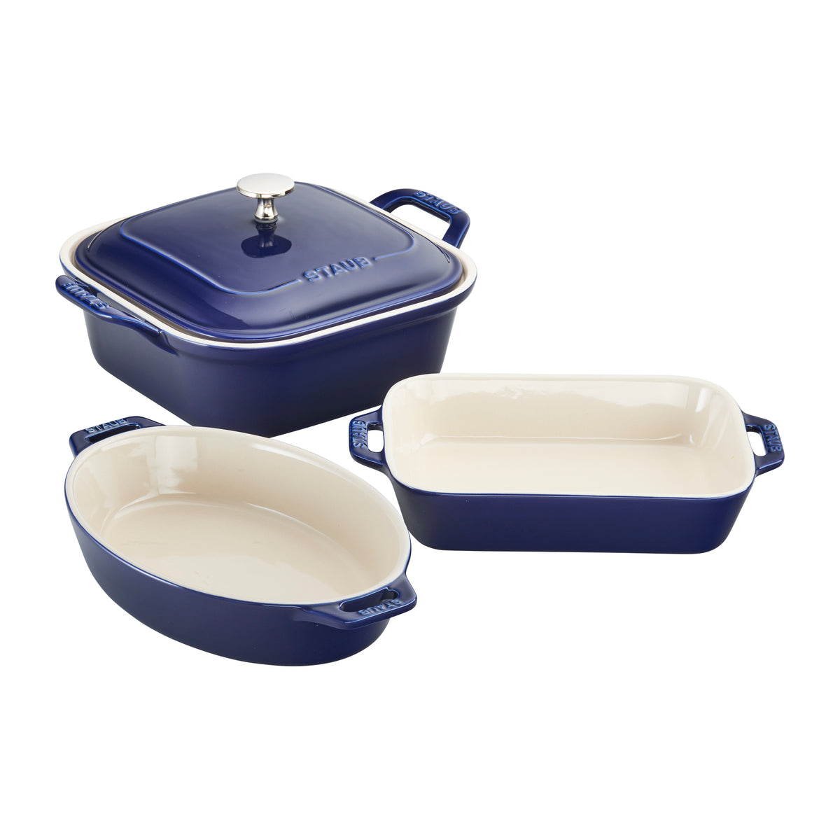 Ceramic 4-pc Baking Pans Set, Casserole Dish with Lid, Brownie Pan, Dark Blue